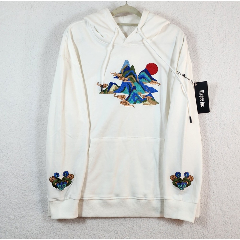 Niepce Japanese Streetwear Hoodie Sz M White w Embroidered Mountains Cozy NWT